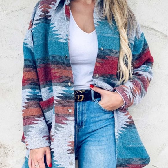 Amoli Printed Side Button Down Shirt Jacket - Picture 2 of 5